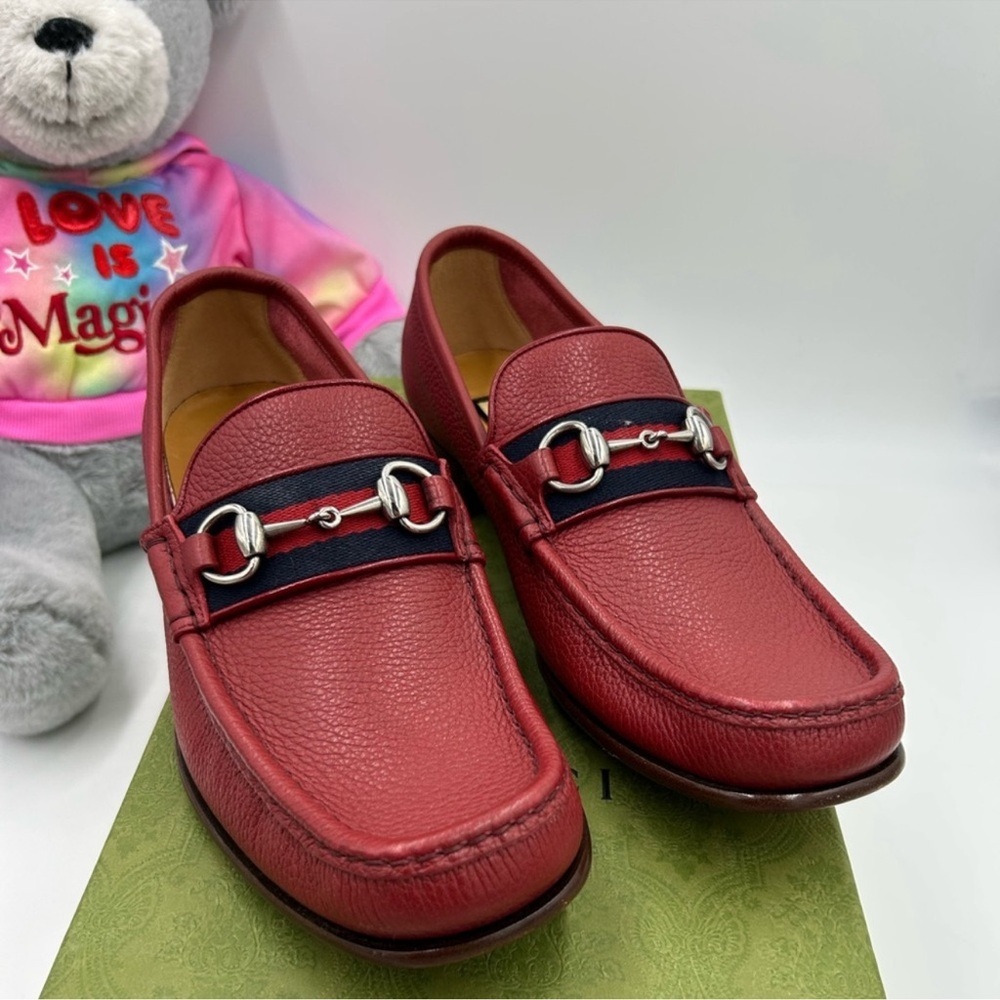 Gucci Red Leather Horsebit Loafers